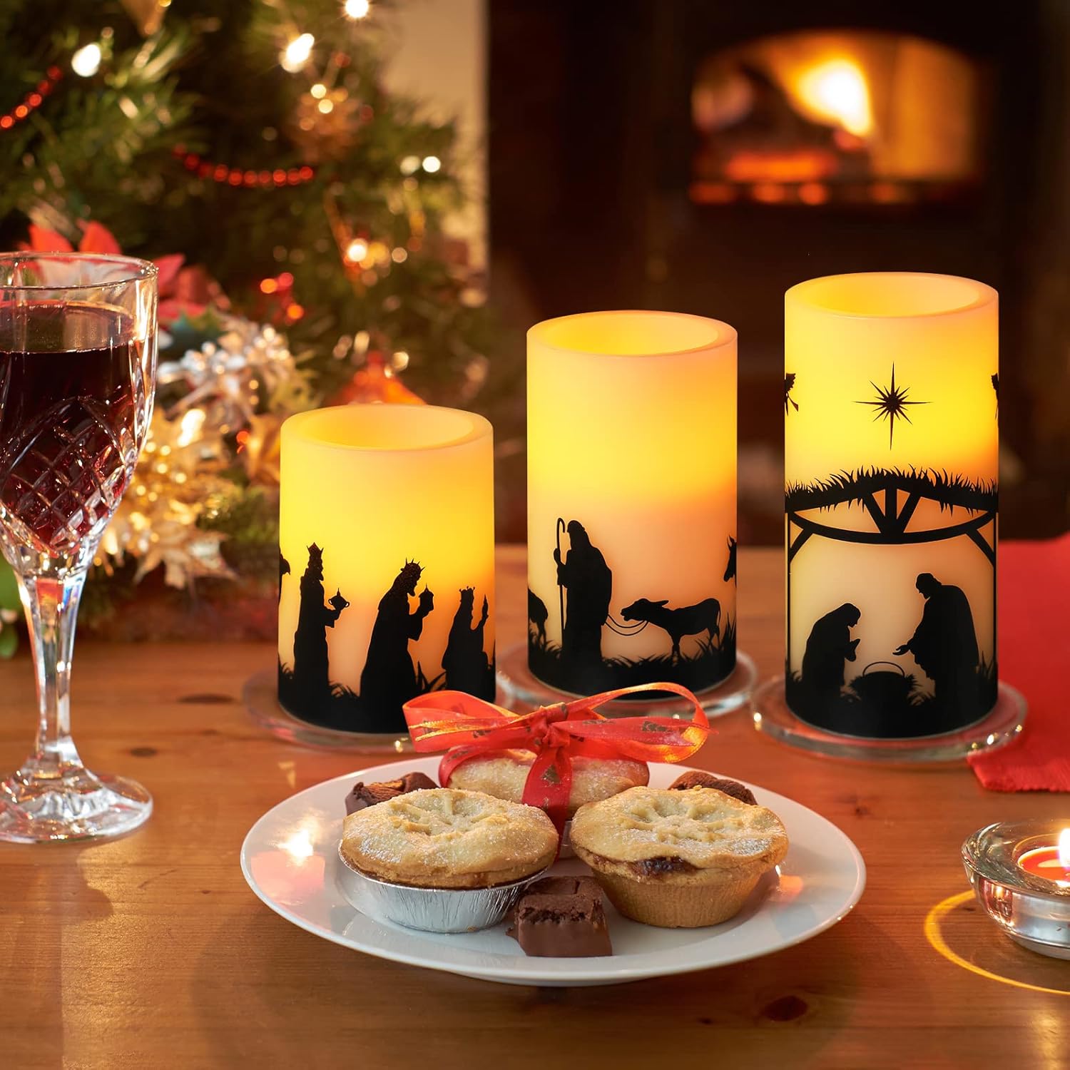 3 Set Nativity Scene Christmas Flameless Led Candles - Battery Operated Pillar Religion Candle For Holiday Table, Fireplace, Windowsill Indoor Decor