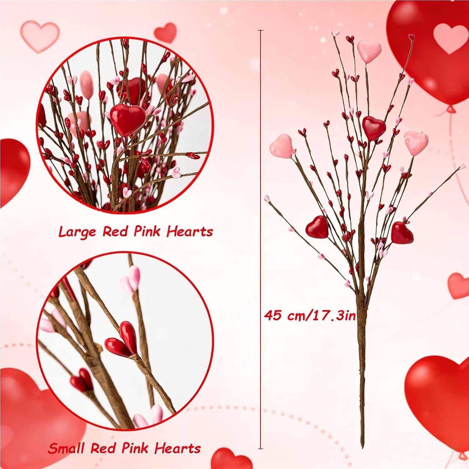 Valentine Picks, 4Pcs Heart Shaped Artificial Red Berry Twig Stem Branches With Red Pink Heart, Valentine’S Day Gifts For Anniversary Flower Bouquets Wedding Party Home Decor