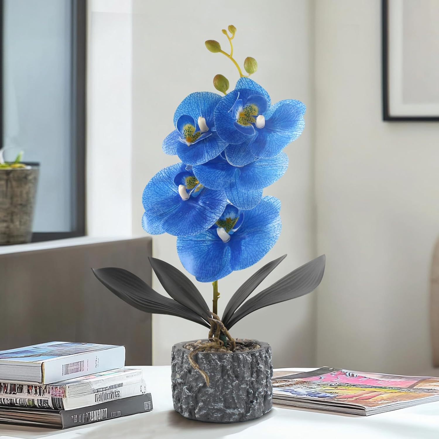 Artificial Orchid With Cement Vase Fake Phalaenopsis Flower Arrangement Faux Plants For Party Exhibition Center Home Decoration(Blue Tall 15")