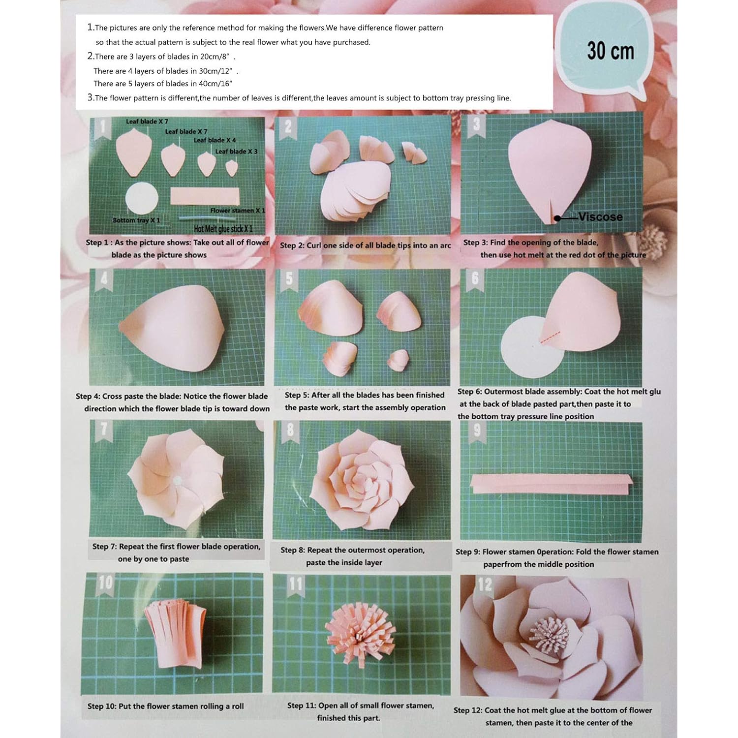 Daily Mall Paper Flower Decorations Giant Wedding Flowers Party Flower Backdrop Diy Handcrafted Flower For Nursey Birthday Wall Decor (Light Pink, 4Pcs-2X8''+2X12'')