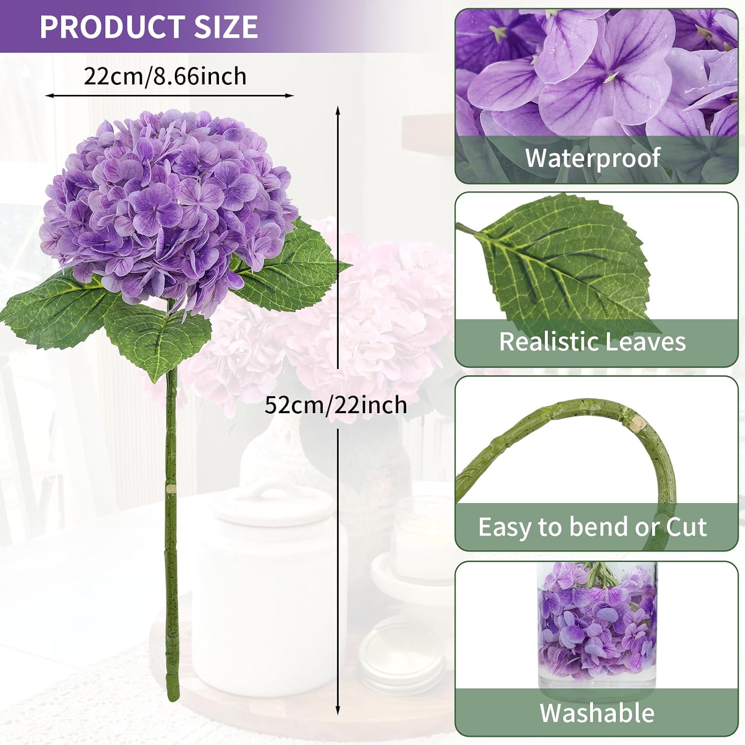 3Pcs Purple Hydrangea Artificial Flowers, 8.66" Large Real-Touch Latex Blooms With 22" Long Stems, Faux Hydrangea For Home Table Centerpieces, Wedding Bouquets & Floral Arrangement Decor (Purple)