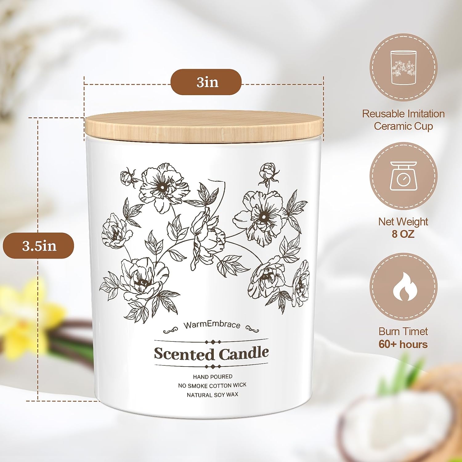 Deluxe Scented Candle For Women & Men, Vanilla Coconut Soy Wax Candle, 8 Oz Jar Candle For Home, Scented-60 Hours Long Lasting Burning, Suitable Gift For Mom