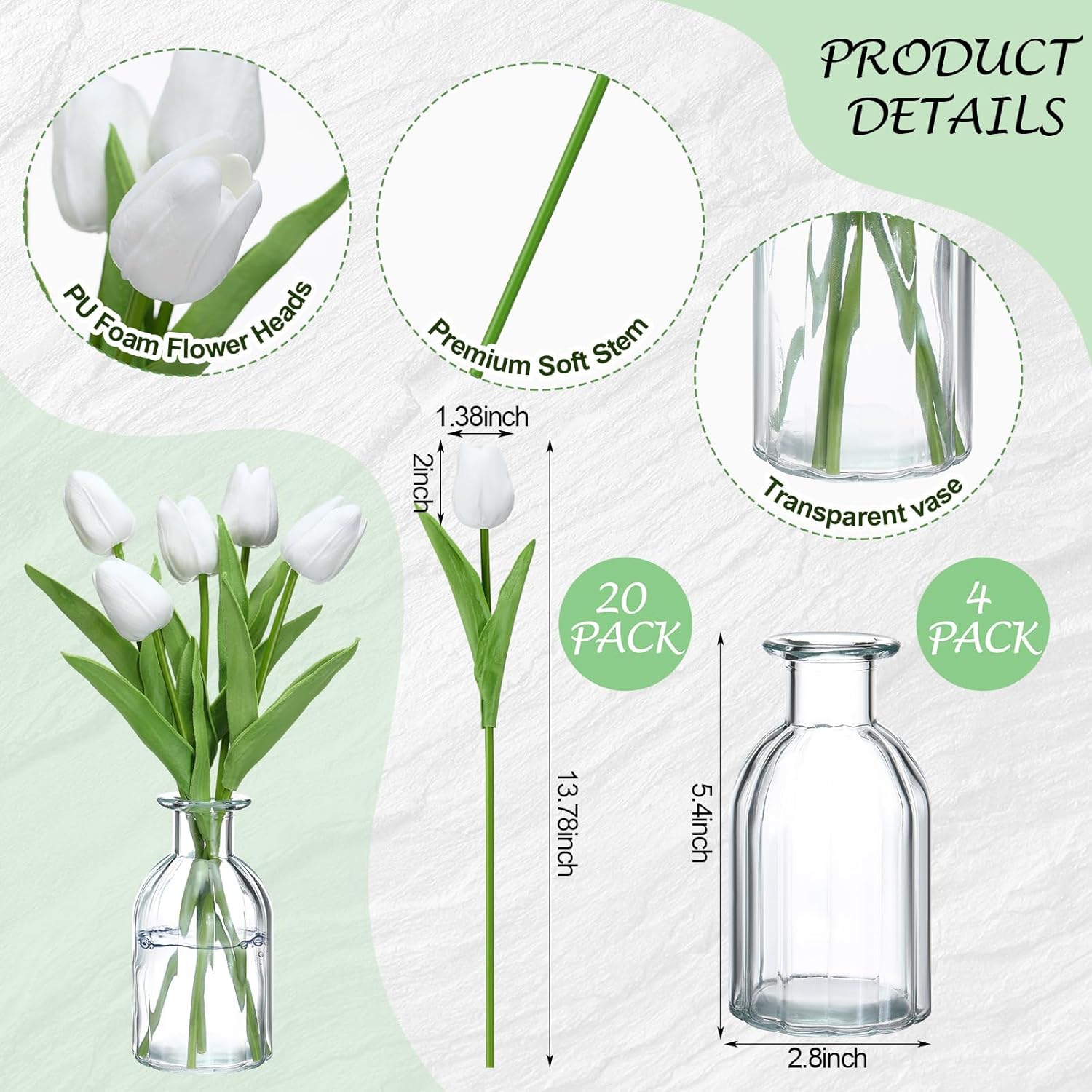 4 Sets Artificial Tulips With Clear Vase 20Pcs 14 Inches White Faux Tulips 4 Glass Vase Real Touch Tulip Fake Flowers For Spring Home Kitchen Wedding Centerpiece Decoration