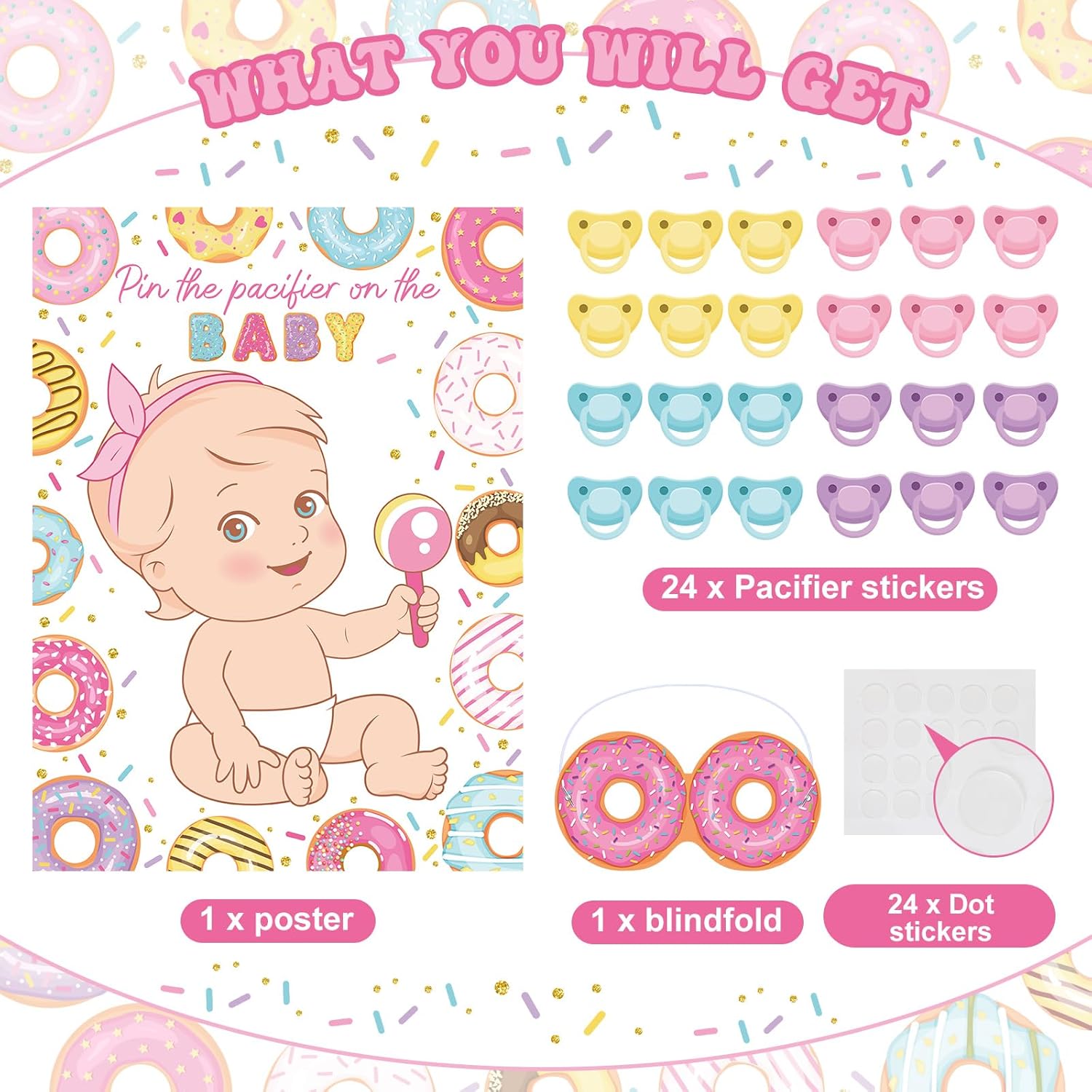 Pin The Pacifier Baby Shower Game Baby Shower Party Decorations Include Large Poster 24 Pacifier Stickers Blindfold Game Set For Birthday Party Decor Supplies (Donut)