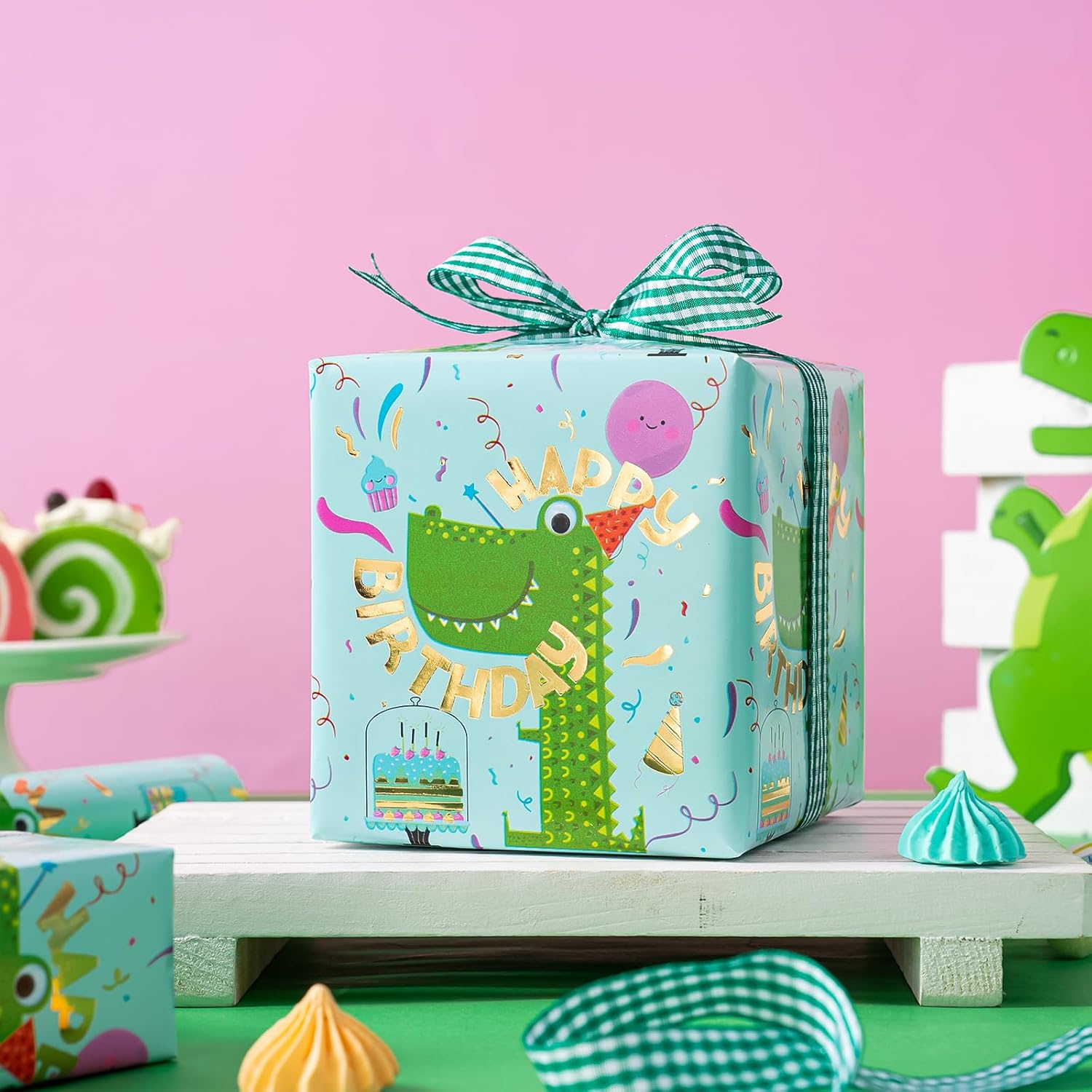 Dinosaur Wrapping Paper Roll - Mini Roll - 17 Inch X 16.5 Feet - Gold Foil Happy Birthday Dinosaur Design For Kids Girls Boys Birthday, Baby Shower