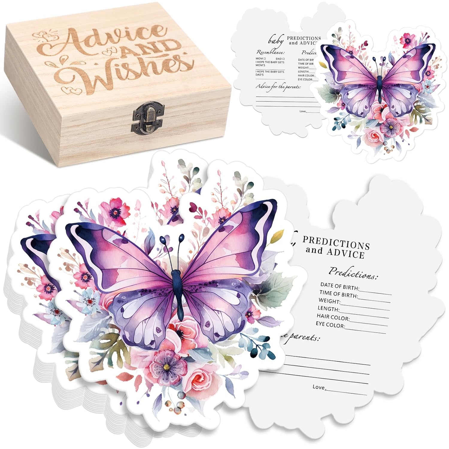 50 Pcs Double Side Butterfly Baby Predictions Advice Cards For New Parents Butterfly Floral Baby Shower Decorations With Wooden Keepsake Box Baby Shower Games Cards For Baby Wishes