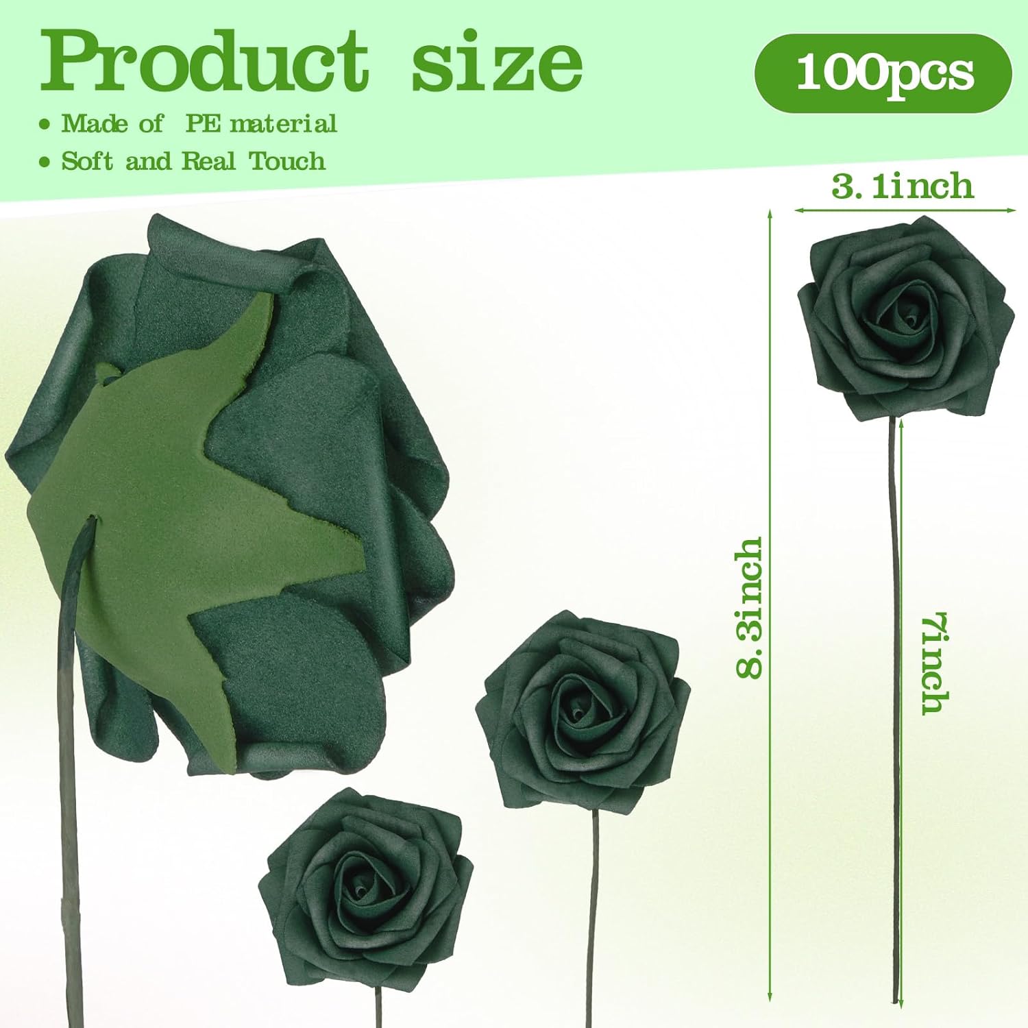 100 Pack Green Artificial Rose Flowers With Stems Foam Faux Flowers Real Looking Fake Roses Bulk For Diy Wedding Bouquets Bridal Shower Centerpieces Floral Arrangements Decor(Army Green)