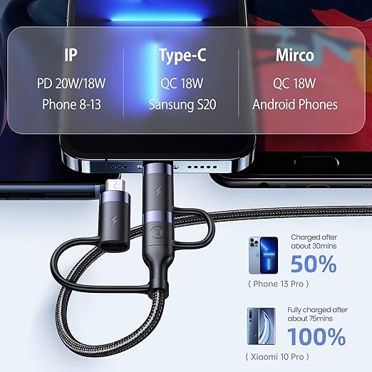 60W 5 in 1 USB C Multi Fast Charging Cable Nylon Braided for Laptop Tablet iPhone Android