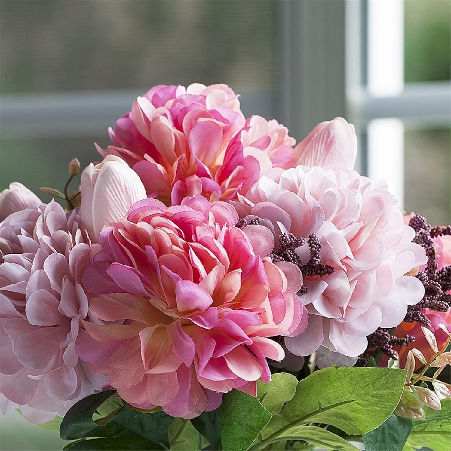Tulip Real Touch Artificial Flower Arrangement With Vase, Mixed Dahlia Silk Flower In Vase For Dining Table Decorations, Wedding Centerpiece (Pink)