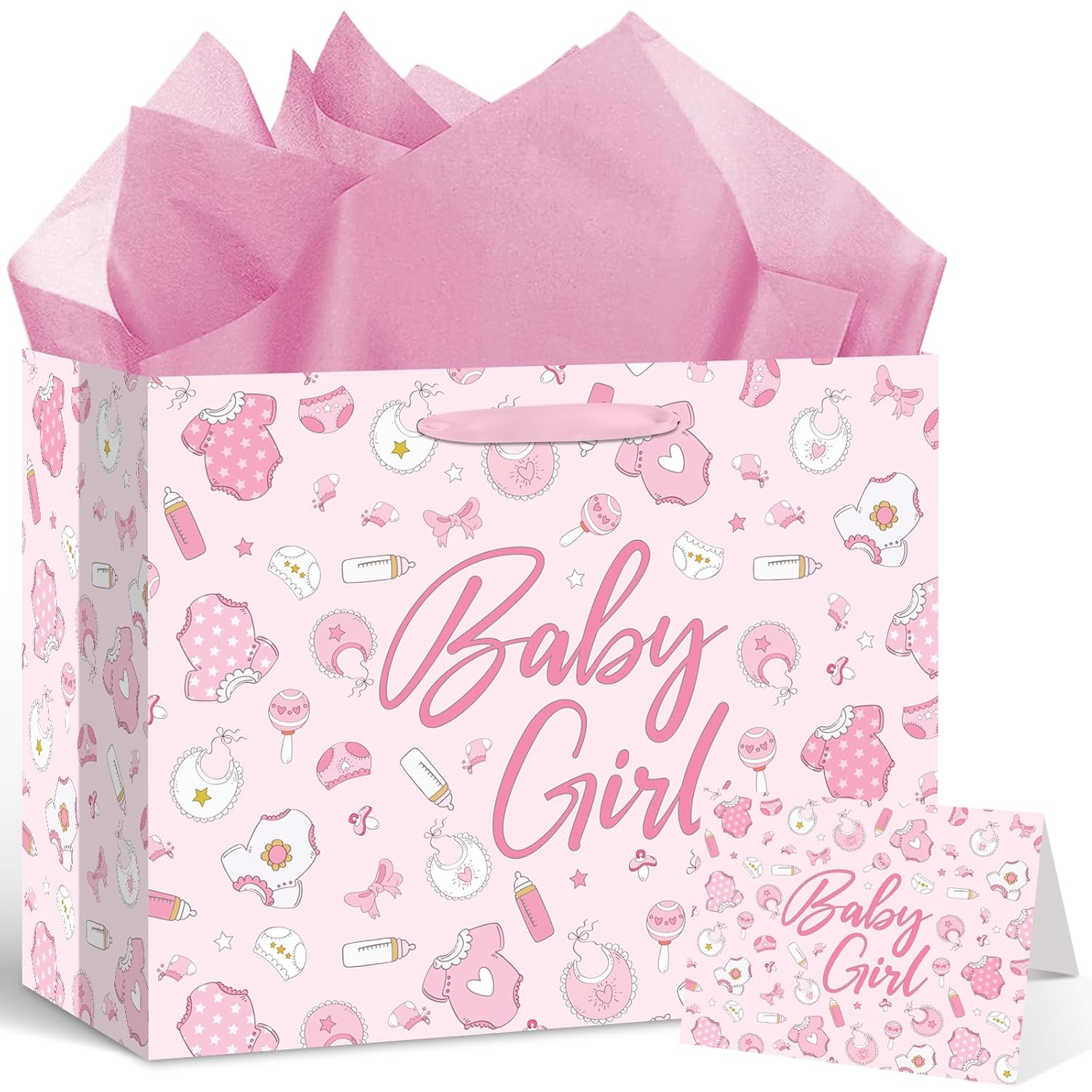 Pink Baby Girl Gift Bag Set With Greeting Card Tissue Paper Pink Baby Shower Wrapping Paper Bag For Girls Birthday Party Decorations Gender Reveal Newborn Welcome Baby Girls Gift Wrap Supplies