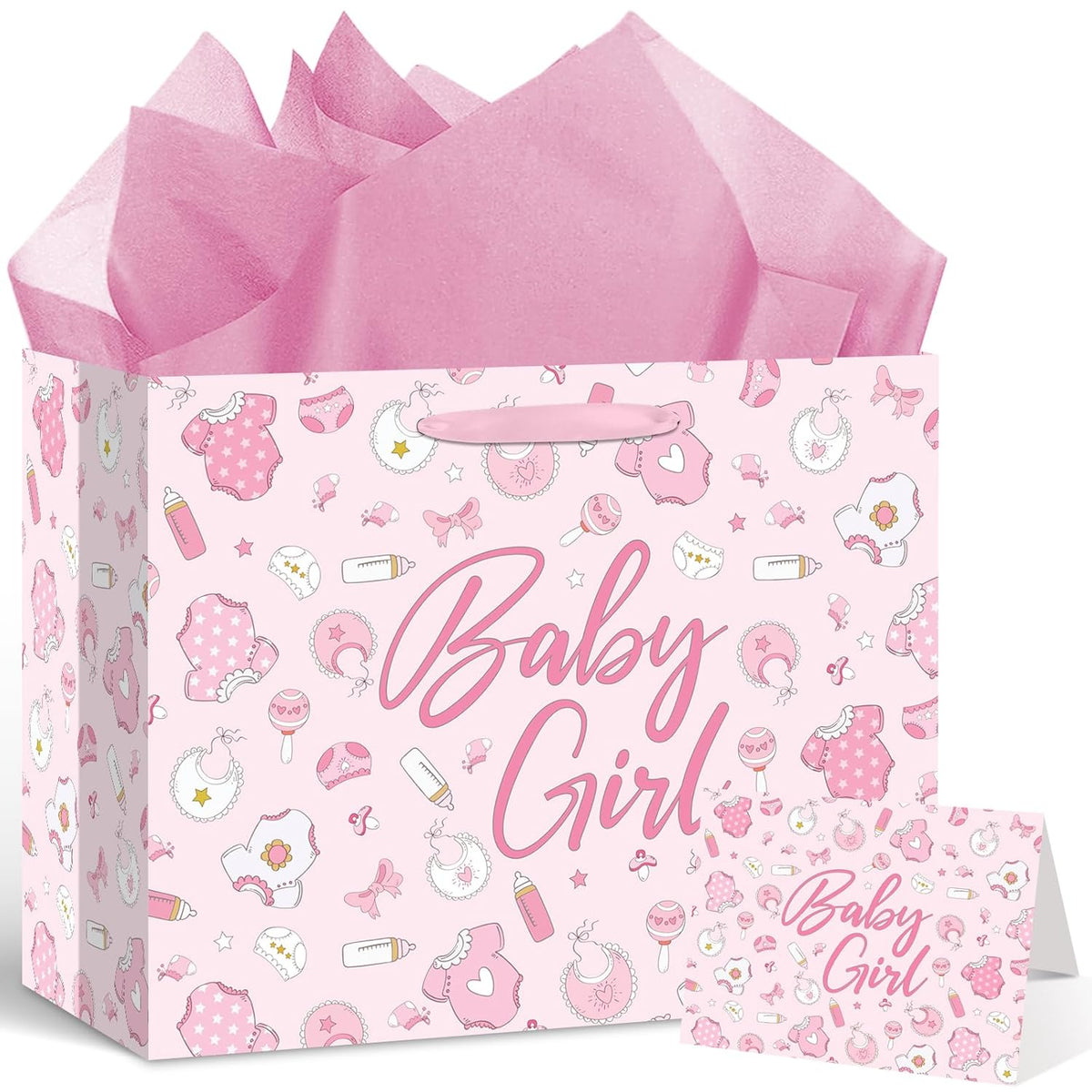Pink Baby Girl Gift Bag Set With Greeting Card Tissue Paper Pink Baby Shower Wrapping Paper Bag For Girls Birthday Party Decorations Gender Reveal Newborn Welcome Baby Girls Gift Wrap Supplies