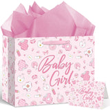 Pink Baby Girl Gift Bag Set With Greeting Card Tissue Paper Pink Baby Shower Wrapping Paper Bag For Girls Birthday Party Decorations Gender Reveal Newborn Welcome Baby Girls Gift Wrap Supplies