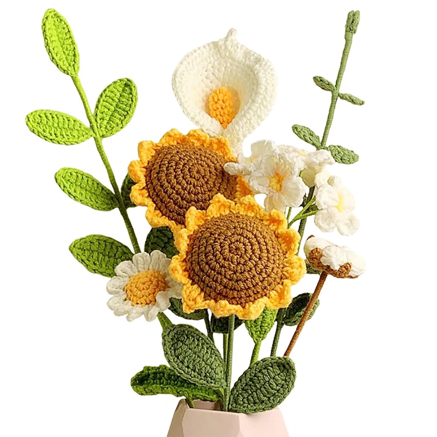 Crochet Flower Bouquet, Handmade Artificial Sunflowers Bouquet Knitted Flowers Crochet Sunflower Decor For Home Kitchen Wedding Party Office Decor