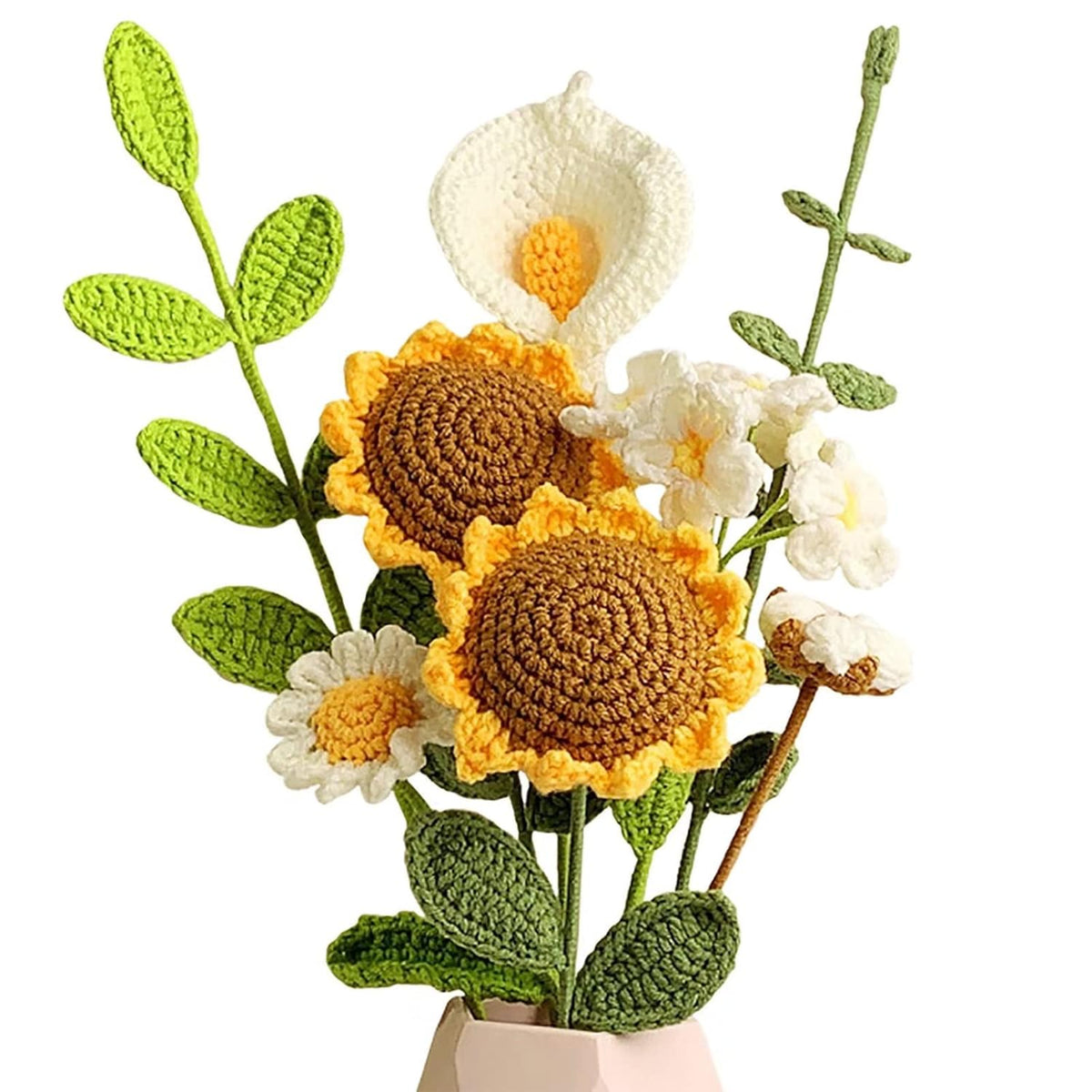 Crochet Flower Bouquet, Handmade Artificial Sunflowers Bouquet Knitted Flowers Crochet Sunflower Decor For Home Kitchen Wedding Party Office Decor