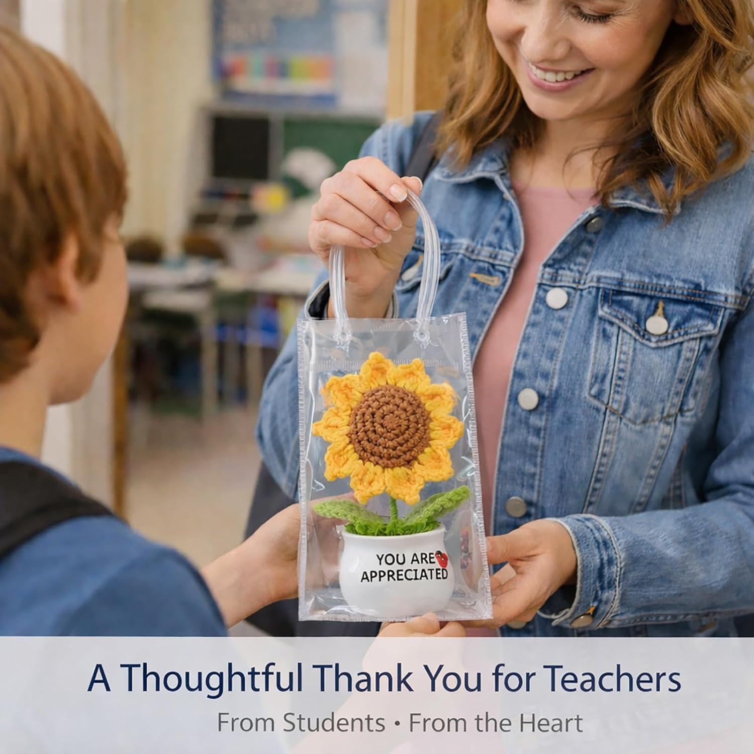 Crochet Sunflower Teacher Gift – Handmade, Never Wilt Desk Decor For Classroom Or Office, Thoughtful Thank You Appreciation Gift From Students Or Parents