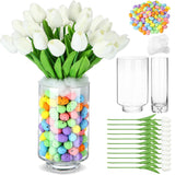 Easter Decorations Flowers Tulip Centerpiece With Vase, Include 20 Pcs Artificial Tulip Pick 120 Pcs Easter Egg 2 Glass Vases 1 Pack Cotton For Spring Table Decor(White)
