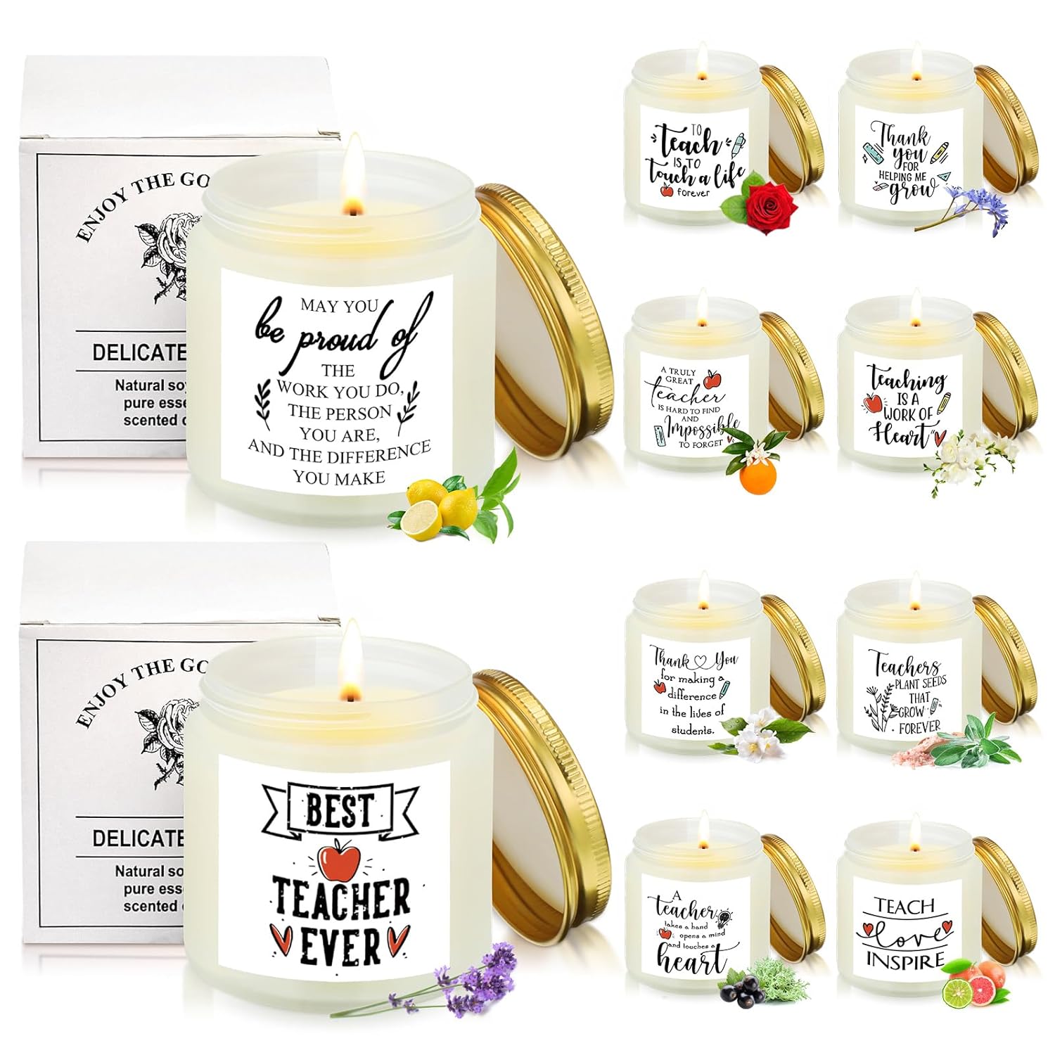10 Pcs Valentines Teacher Appreciation Gift Candles Bulk 3.5 Oz Teacher Team Coworker Candles Inspirational Scented Jar Office Thank You Gift Women Men Retirement, 10 Scents(Simple,Fresh)