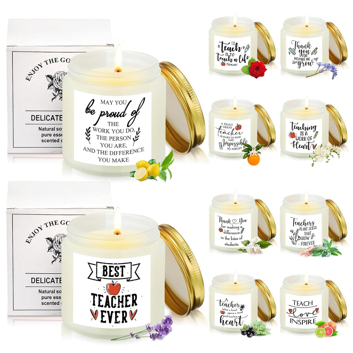 10 Pcs Valentines Teacher Appreciation Gift Candles Bulk 3.5 Oz Teacher Team Coworker Candles Inspirational Scented Jar Office Thank You Gift Women Men Retirement, 10 Scents(Simple,Fresh)