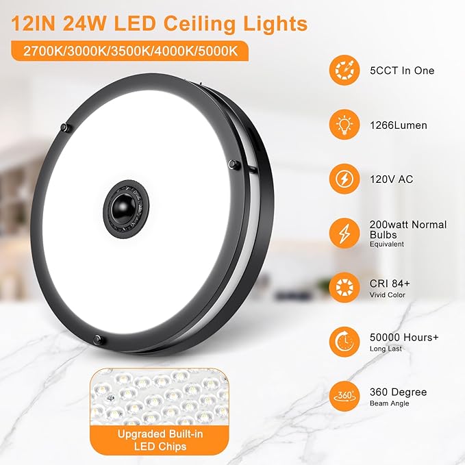 12 Inch LED Motion Sensor Ceiling Light Dusk to Dawn 5CCT Flush Mount Fixture