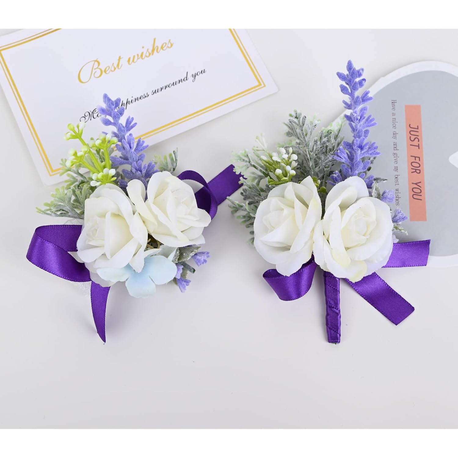 Wrist Corsage And Boutonniere Set Artificial Flowers Accessories For Groom Bride Groomsmen Bridesmaids Wedding Party Prom Suit - Purple White 2 Pieces