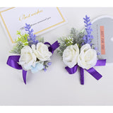 Wrist Corsage And Boutonniere Set Artificial Flowers Accessories For Groom Bride Groomsmen Bridesmaids Wedding Party Prom Suit - Purple White 2 Pieces