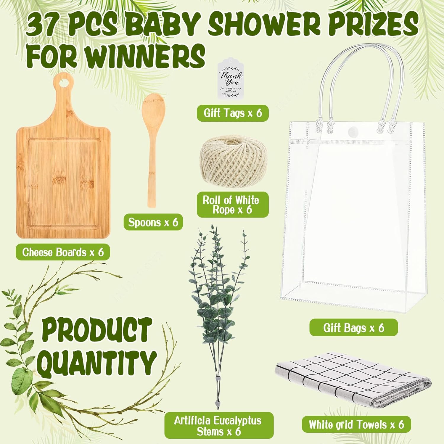 6 Sets Baby Shower Prizes For Game Winner Gifts Bamboo Cheese Board Fork Plaid Towel Artificial Eucalyptus Stems With Cards And Gift Bags For Baby Shower Bridal Shower Birthday Party
