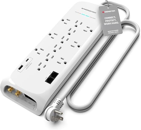 Heavy Duty Surge Protector Power Strip 12 Outlets 2 USB 2 Ethernet 2 Coax 6FT Extension Cord 4050J