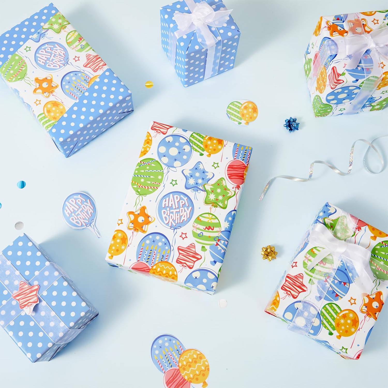 Happy Birthday Balloon Wrapping Paper Roll - 1 Roll 17”X 33 Ft Blue Boy Birthday Gift Wrapping Paper For Baby Boy Shower Wrapping Paper Party Decorative Wrap Supply