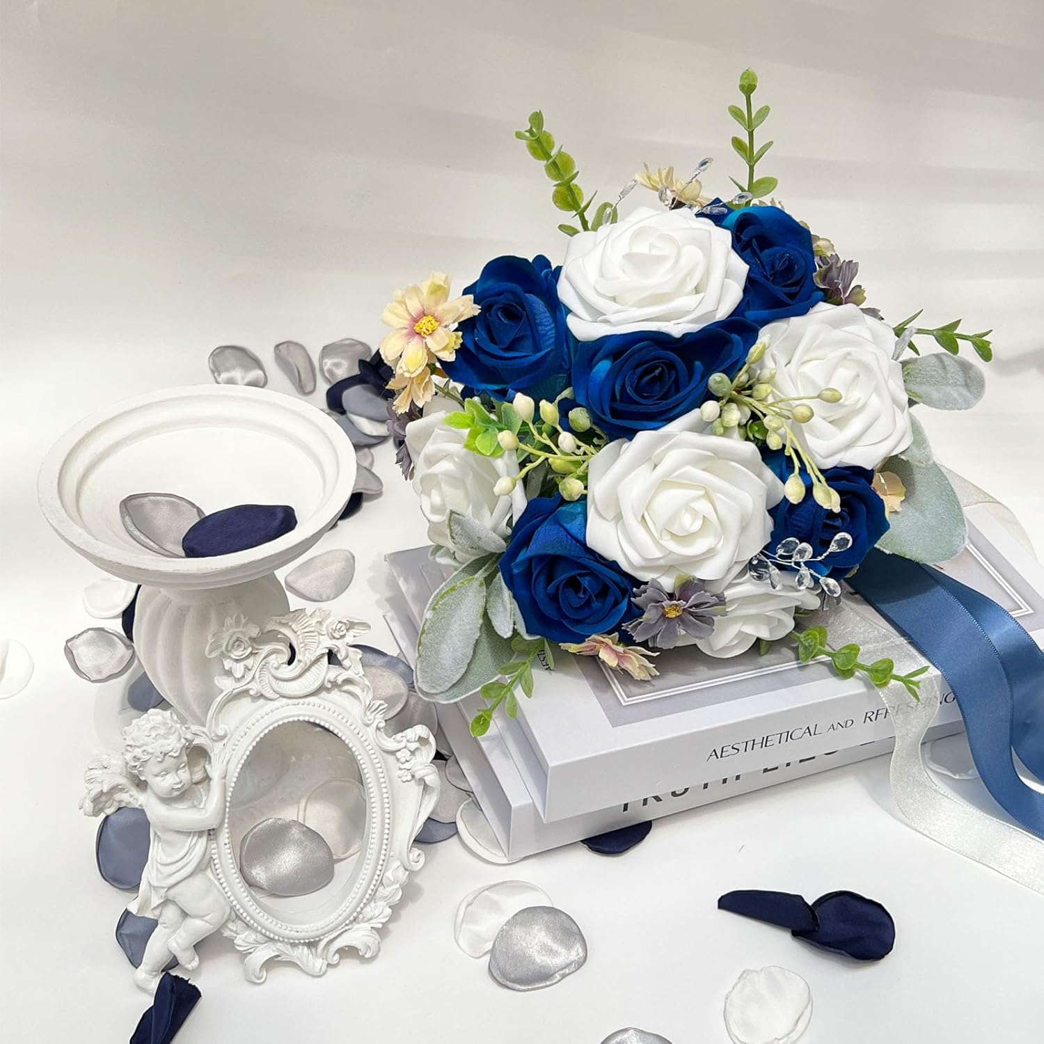 Navy Blue Wedding Bouquet, Artificial Flowers Bridal Cascading Bouquets, Seaside Wedding Bouquets For Wedding Ceremony And Anniversary
