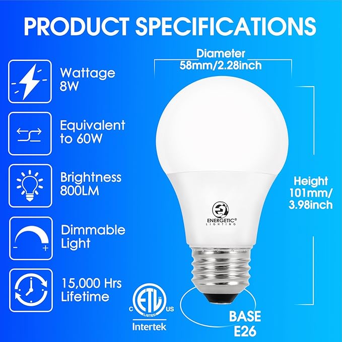 12 Pack Dimmable LED Light Bulbs 8W 60W Equivalent 4000K Cool White 800 Lumens E26 Base