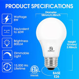 12 Pack Dimmable LED Light Bulbs 8W 60W Equivalent 4000K Cool White 800 Lumens E26 Base