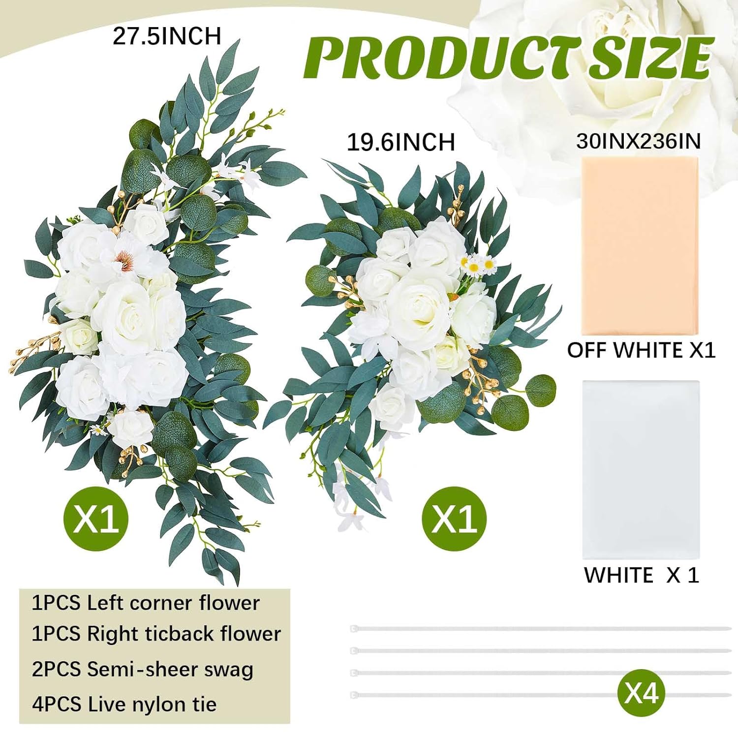 4 Pcs Wedding Arch Flowers And Drape Kit Include 2 Artificial Floral Swag And 2 White Chiffon Drapes, Faux Flower Set For Diy Wedding Party Reception Ceremony Backdrop Rose Decoration