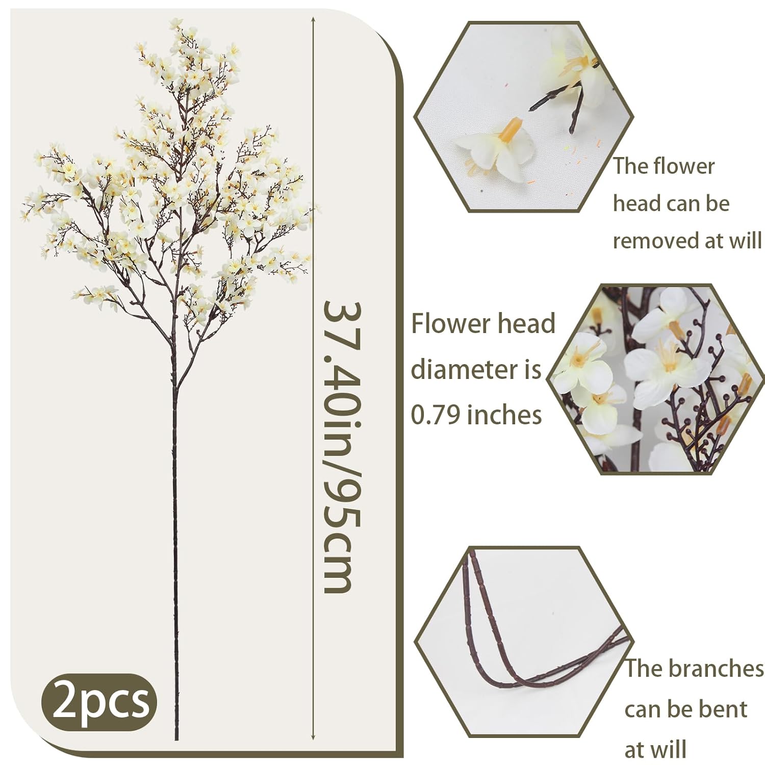 2 Pcs Artificial Cherry Blossom Flowers Bulk White Fake Fall Flowers Branches Silk Babys Breath Flower Fall Floral Stems For Vase Indoor Home Decor Wedding Party Table Centerpiece Christmas