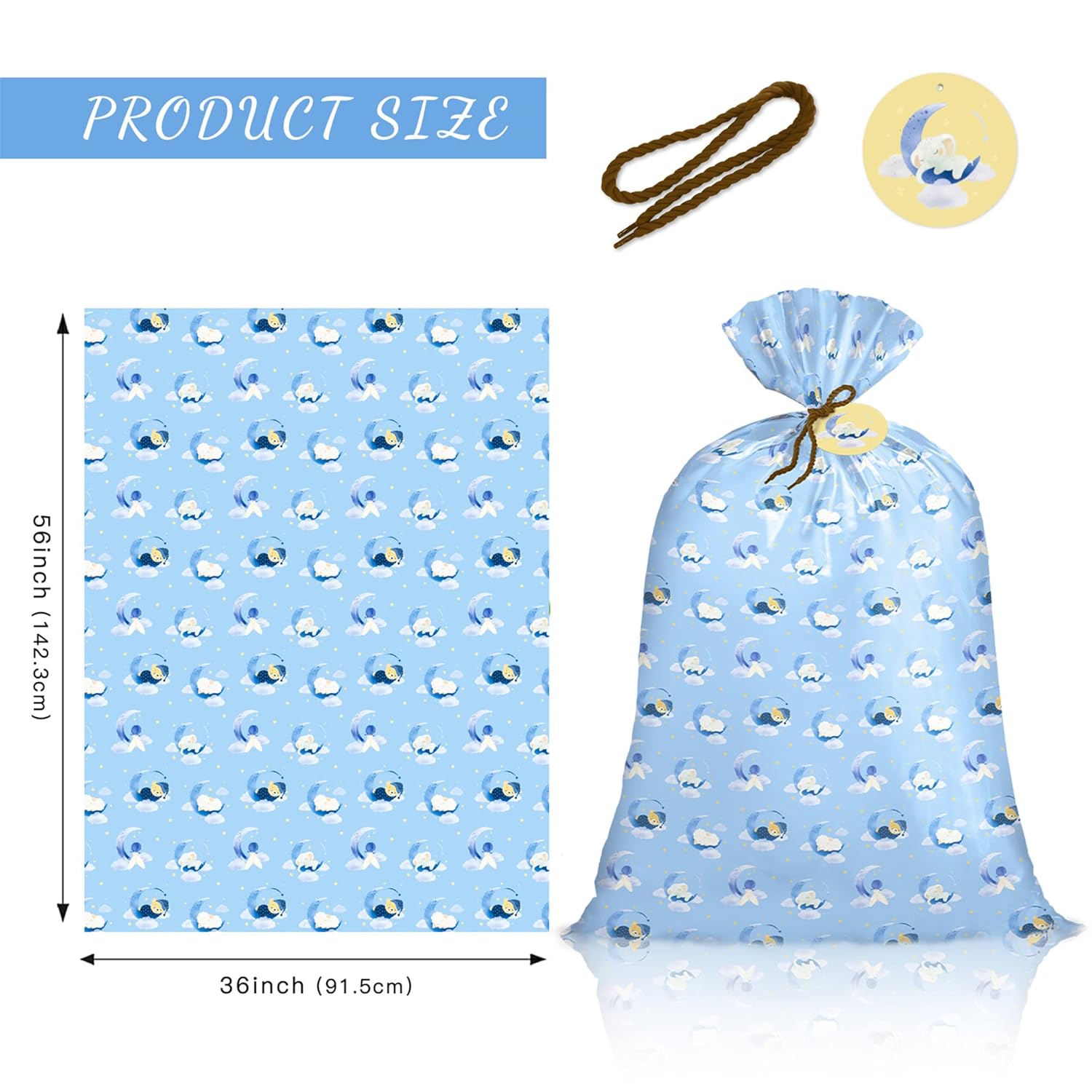 Jumbo Large Plastic Gift Bag, Baby Boy Design Plastic Bag With Tag And Tie For Birthday, Baby Shower - 56" X 36", 1 Pcs - Blue Sleepy Bear