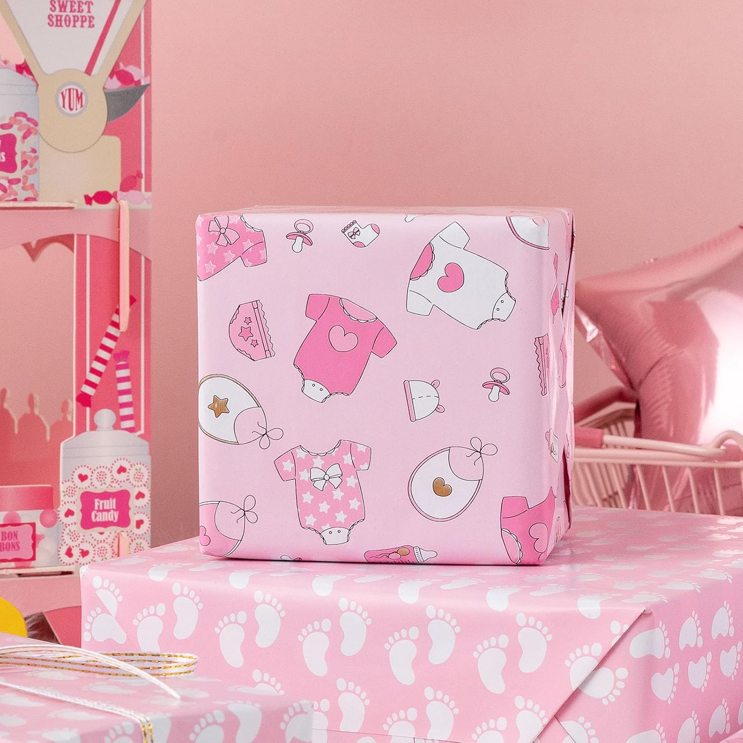 Baby Pink Girl Gift Wrap Paper - 17Inch X 33Feet - Cute Kid Pink Snapsuit, Bottle & Bayby Feet Baby Shower Wrapping Paper For Birthday Present, Gender Reveal Theme New Baby Party Decoration
