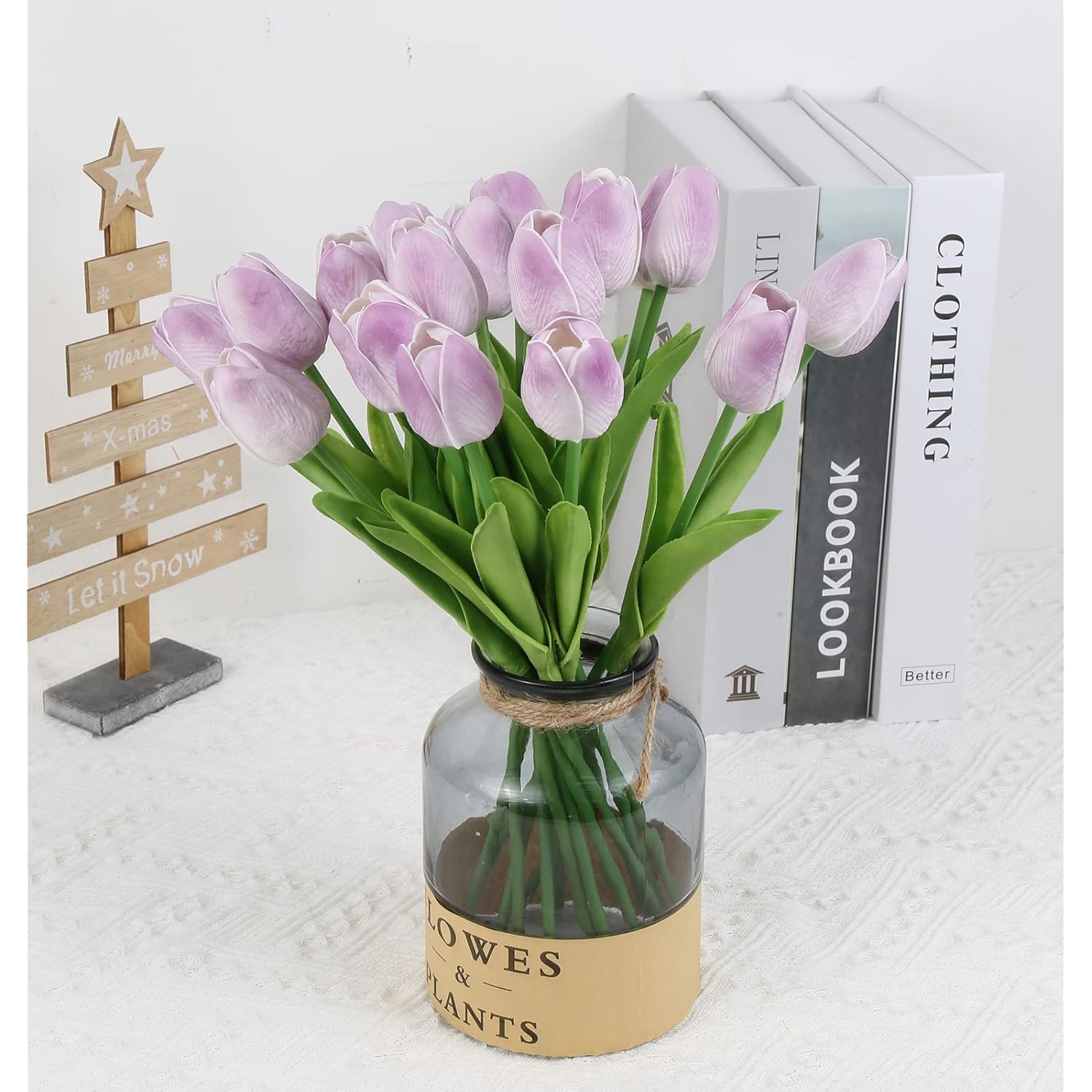 Real Touch Purple Tulips 24Pcs Artificial Flowers For Decoraion Fake Tulips Light Purple Flowers Floral Arrangements Artificial Faux Tulip Decor For Table Home Kitchen Decor (Light Purple)