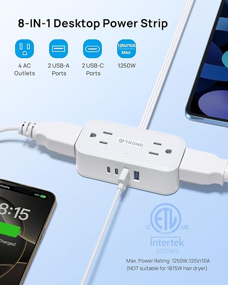 Rotating Flat Plug Surge Protector Power Strip 4 Outlets 4 USB Ports 2 USB C 5FT White