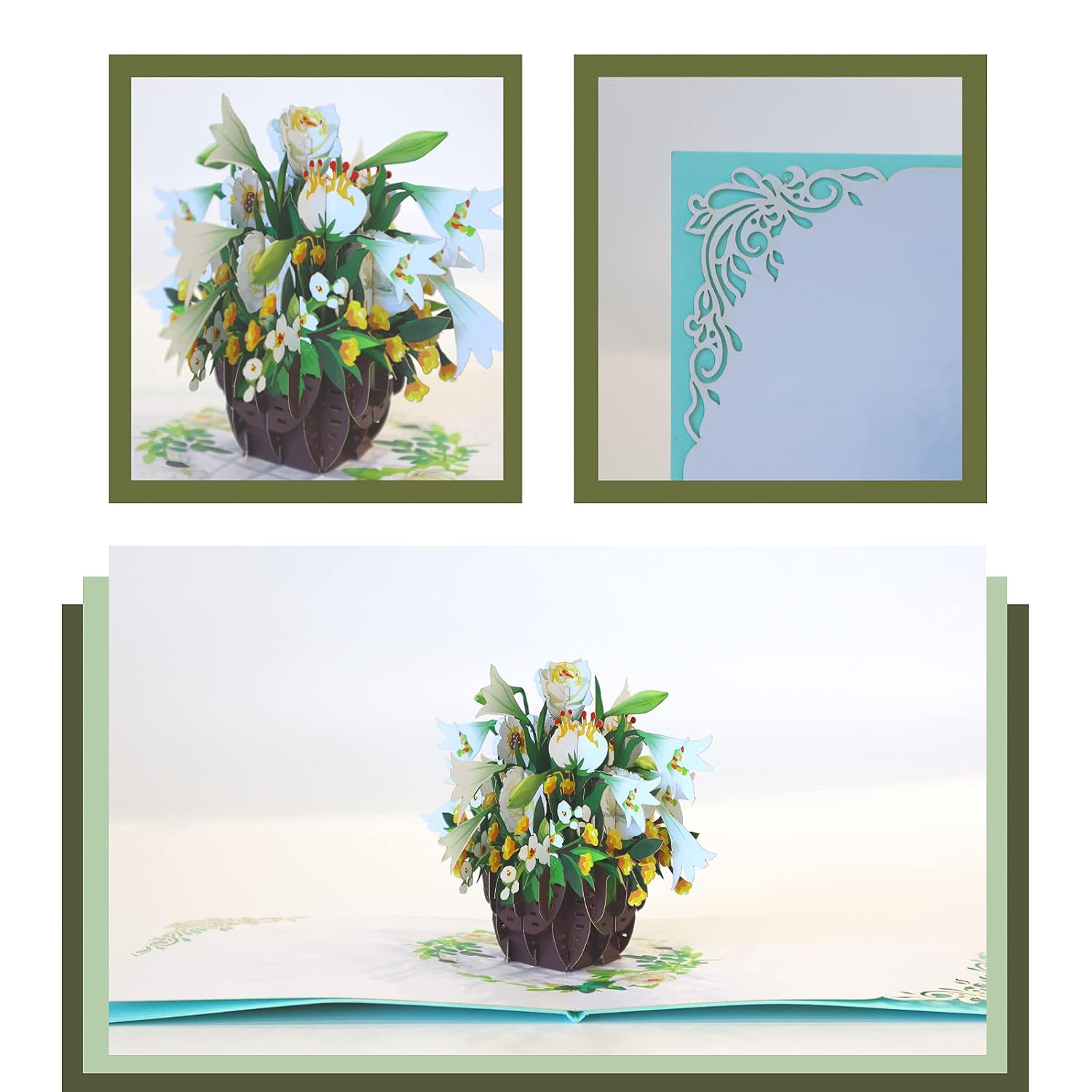 3D Sympathy Pop Up Card White Lily Basket - Premium Italian Paper Handcrafted Gift For Condolences, Thinking Of You (6X6 Inch Keepsake)