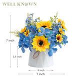 Small Fake Flowers In Plastic Vase 7" Centerpieces Coffee Table Decor, Silk Sunflower Arrangement For Home Decor Artificial Flower Bouquet For Dining Room Kitchen Wedding Summer Yellow Blue