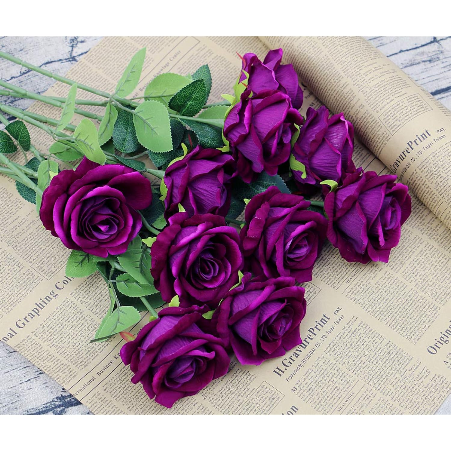 Purple Artificial Rose Flower Bouquet, Fake Silk Roses, Wedding Party Home Office Decoration,10Pcs