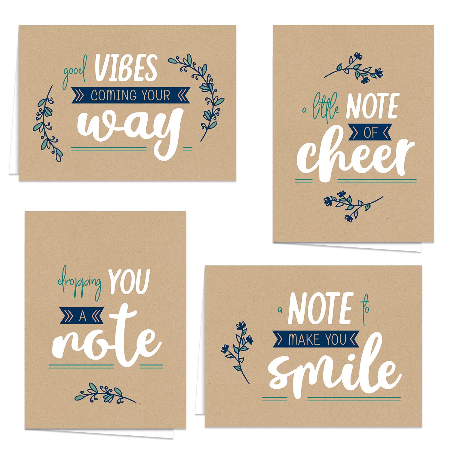 Encouraging Kraft Look Greeting Cards / 12 Friendship Note Card Pack With White Envelopes / 5" X 7" All Occasion Cards / 4 Modern Faux Brown Kraft Card Designs/Made In The Usa