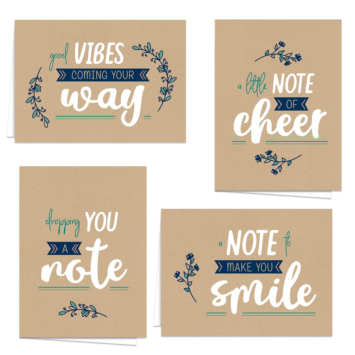 Encouraging Kraft Look Greeting Cards / 12 Friendship Note Card Pack With White Envelopes / 5" X 7" All Occasion Cards / 4 Modern Faux Brown Kraft Card Designs/Made In The Usa