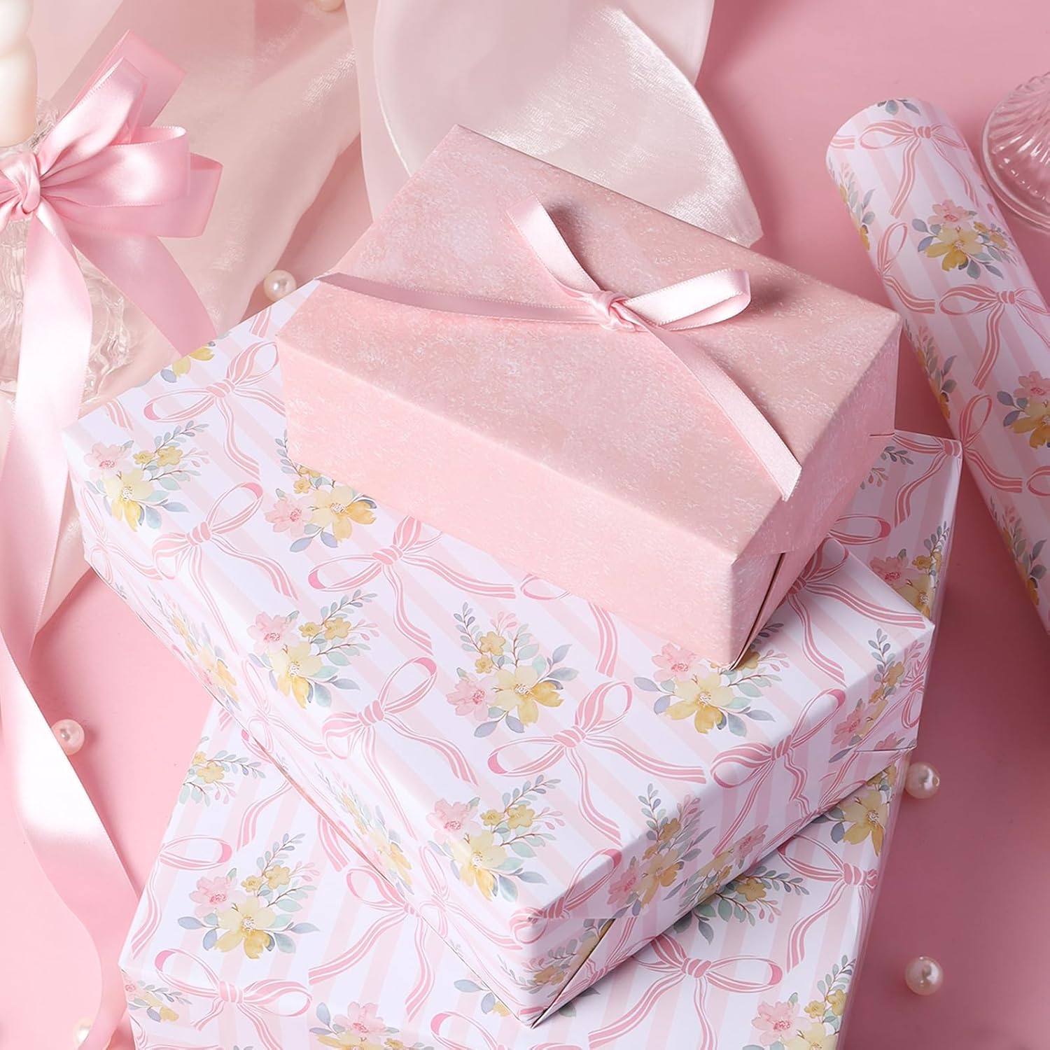 Reversible Bow Wrapping Paper Mini Roll, Pink Bow And Floral Design, Soft Pastel Gift Wrap For Valentine'S Day, Girls Birthday, Bridal Shower, Baby Shower, Wedding, 17" X 33'(46.7 Sq. Ft)