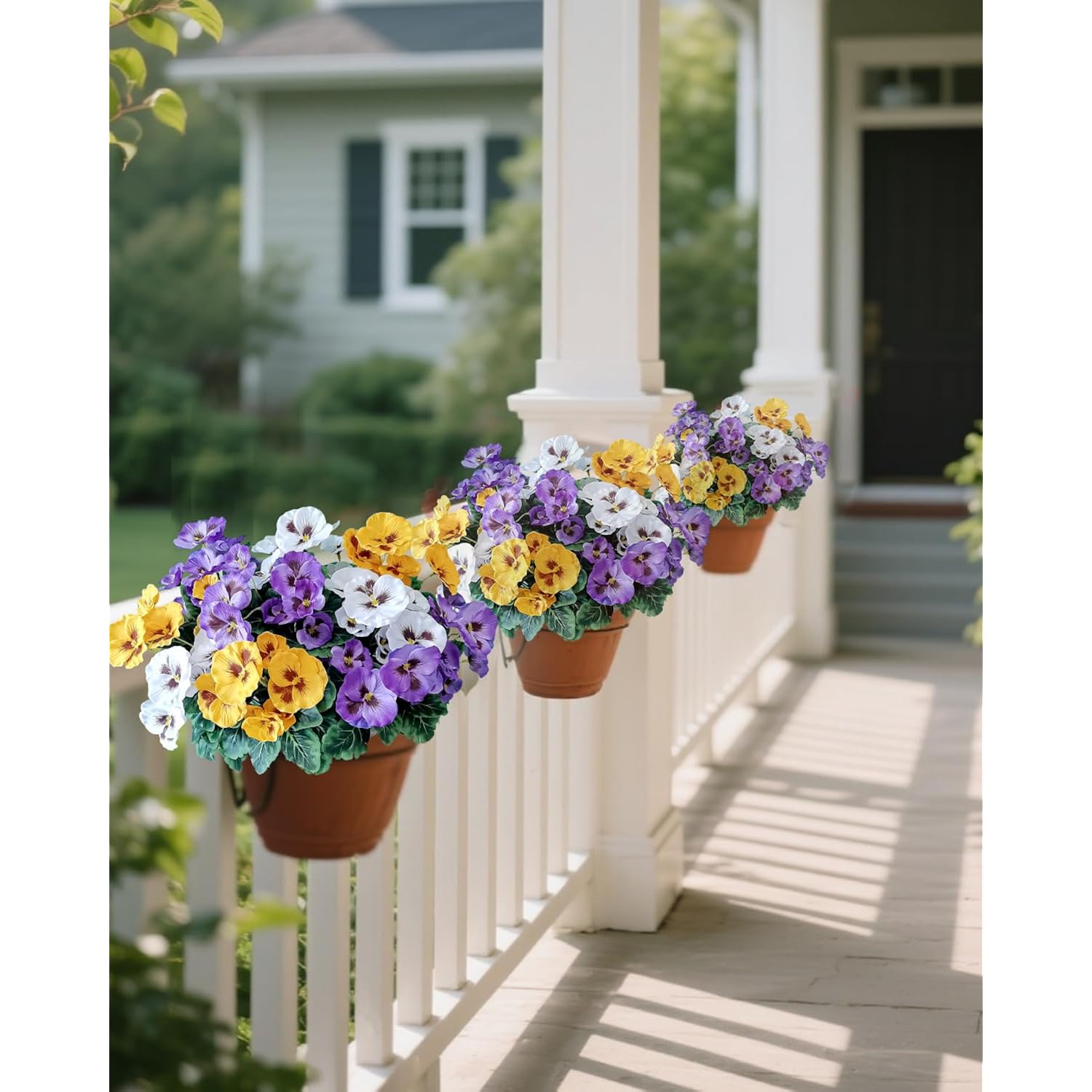 6 Bundles Outdoor Artificial Pansy Flowers - Uv Resistant Silk Faux Pansies (Purple, Yellow, White) For Planter, Front Door, Porch, Yard, Patio, Window Box & Home Decor