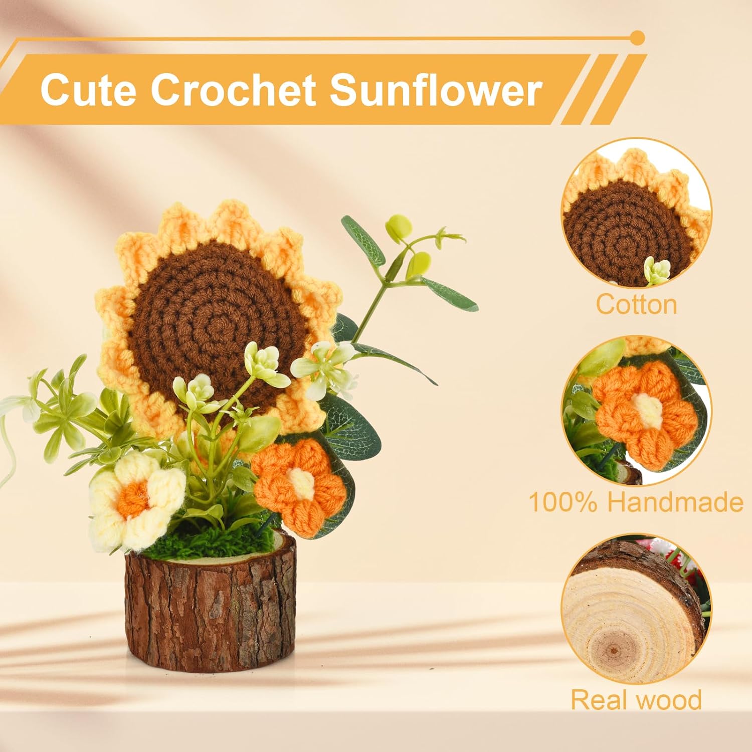 Cute Crochet Flowers Bouquet, Handmade Knitted Sunflowers With Wooden Pot, Crocheted Flower Plants Gifts For Women Office Desk Decor, Valentine'S Day Christmas Birthday Mother’S Day