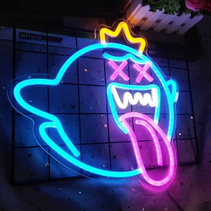 King Boo Ghost Neon Sign Dimmable LED Gaming Wall Light for Game Room Halloween Decor