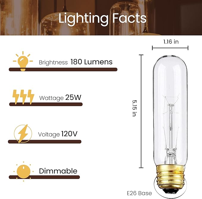 6 Pack T10 Tubular Incandescent Bulbs 25W E26 Base 120V Clear Dimmable Warm White Showcase Bulbs