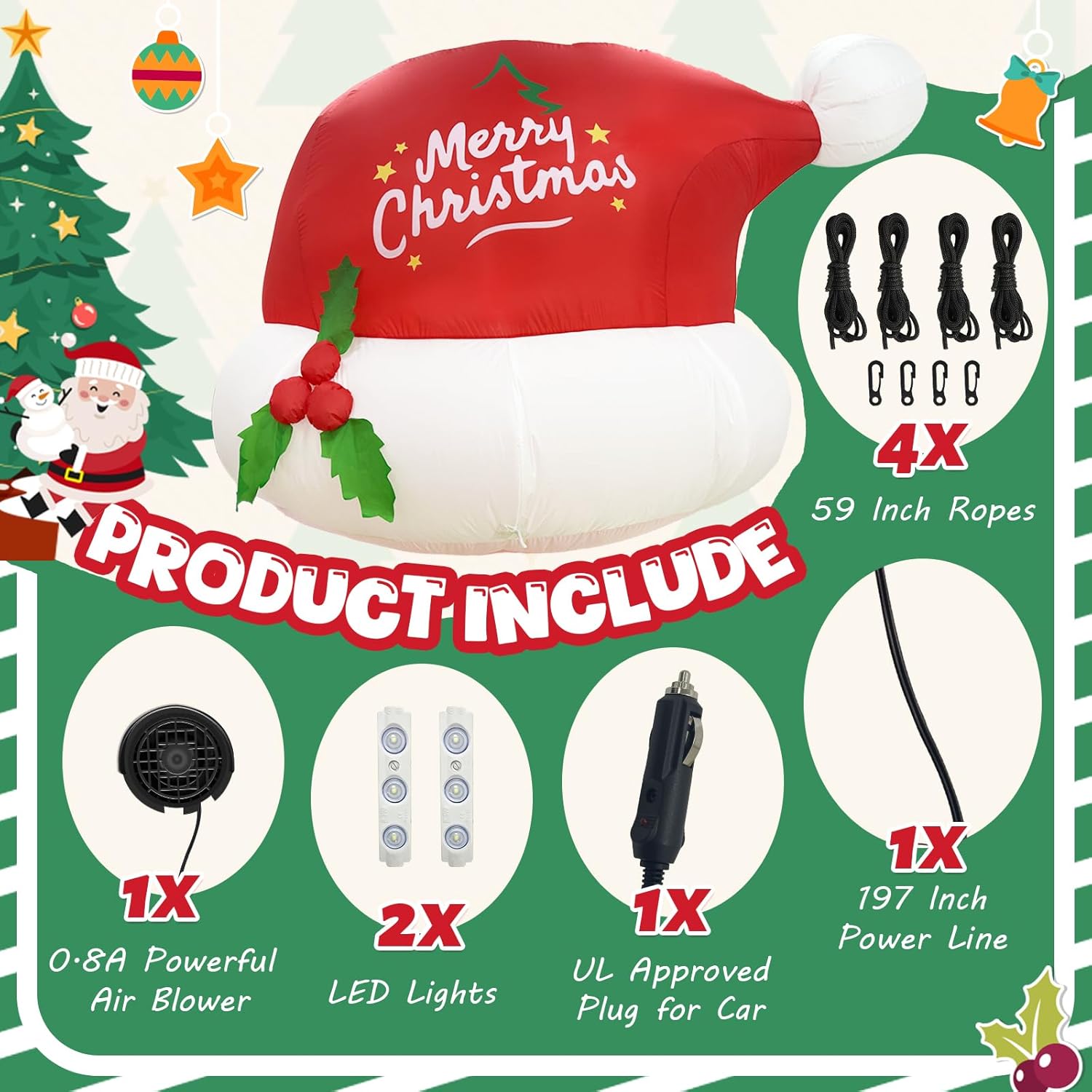 6Ft Inflatable Outdoor Decoration, Santa Hat Christmas Blow Up With Led Lights For Car Roof Xmas