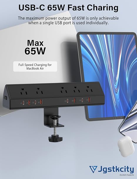 Desk Clamp Power Strip 13 Outlets 4 USB C 65W 10FT Surge Protector 1700J Black