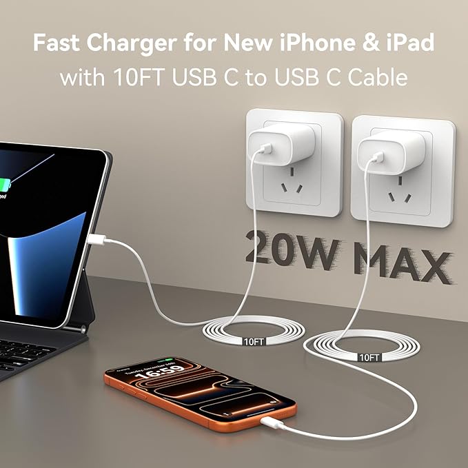 20W USB C Fast Charger with 10FT Charging Cable for iPhone 17 16 15 Pro Max Plus iPad Android